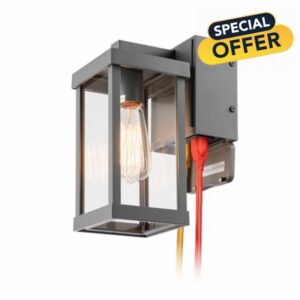 mirrea 11" Classic Outdoor Wall Sconce with Built-in GFCI Outlet 1 Light in Rectangular Metal Frame and Clear Glass Shade Waterproof Porch Light Patio Light (Matte Gray)