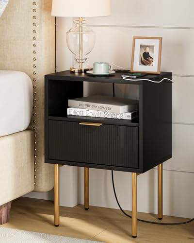 Mid-Century Modern Bedside Table with Storage Drawer and Open Wood Shelf