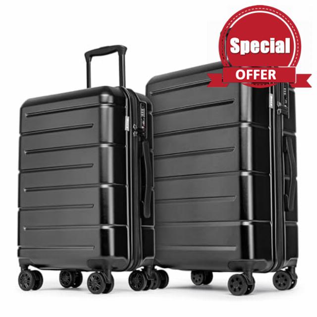 KYME Luggage Sets 2 Piece Suitcase Set Hardshell 20 inch/24 inch Luggage with Spinner Wheels Hardside PC+ABS Checked Large Suitcase with TSA Lock for Men Women Black