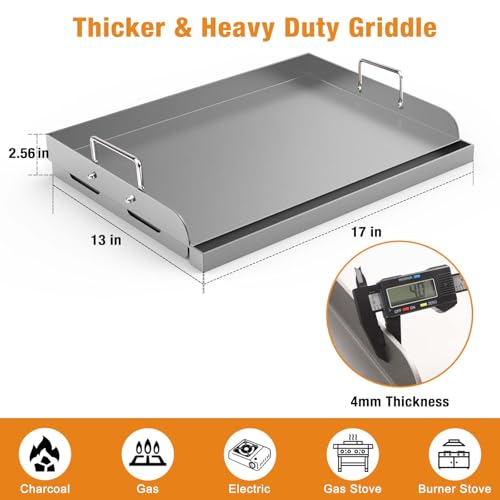 17" x13” Metal Cooking Griddle Pan Flat Top Rectangular Plate with Removable Handles for Gas Stove/Charcoal/Gas Grills