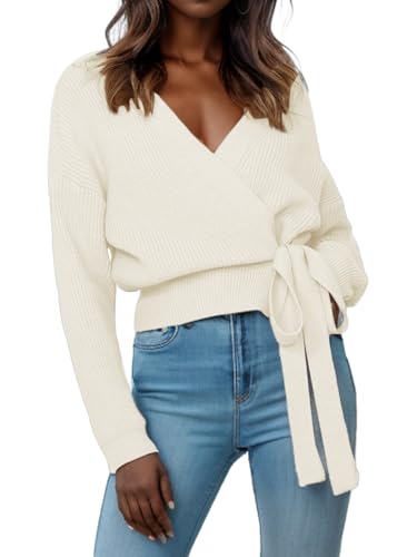 Women's Casual V Neck Wrap Sweater Pullovers Lightweight Ribbed Drop Shoulder Knitted Tops