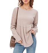 EXLURA Womens Fashion Waffle Knit Long Sleeve Shirts Crewneck Babydoll Casual Pullover Exposed Se...