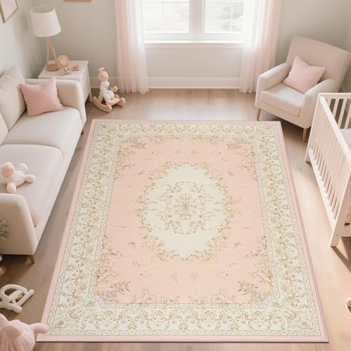 Floral Washable Pink 4x6 Area Rugs for Bedroom