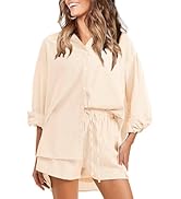 EXLURA Women's 2 Piece Outfits Casual Long Sleeve Button Down Shirts Lounge Matching Short Sets S...
