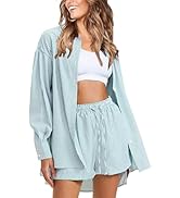 EXLURA Women's 2 Piece Outfits Casual Long Sleeve Button Down Shirts Lounge Matching Short Sets S...