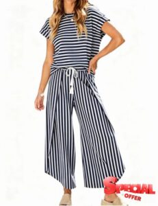 HangNiFang Womens Summer Striped 2 Piece Outfits Cap Sleeve Open Leg Pant Set Vacation Outfits Matching Sets