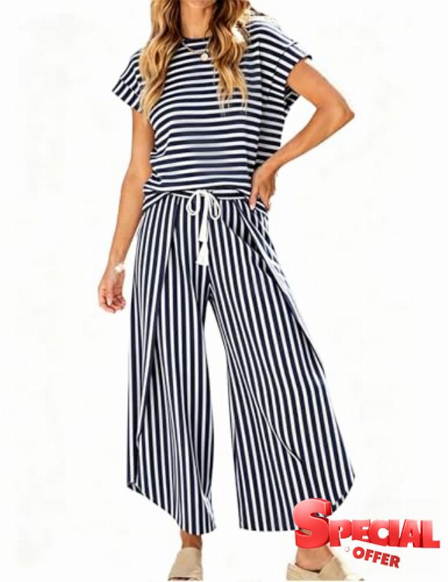 HangNiFang Womens Summer Striped 2 Piece Outfits Cap Sleeve Open Leg Pant Set Vacation Outfits Matching Sets