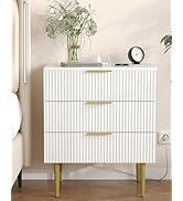 Akxomel 3 Drawer Nightstand with Charging Station, 23.2" W Large Fluted Night Stand, Modern Bedsi...