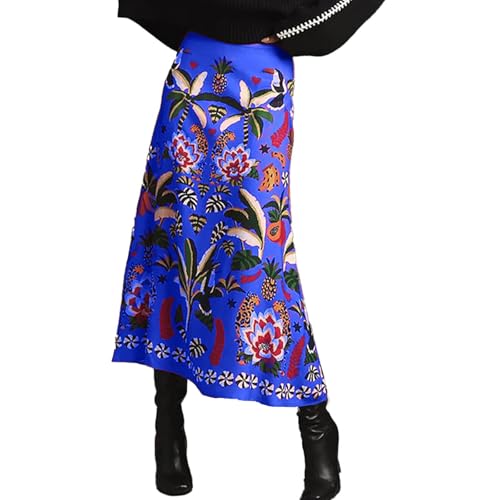 Womens Midi Skirt Tropical Floral Print Plant Fun Elastic Waist Spring Summer Flowy A Line Long Skirts