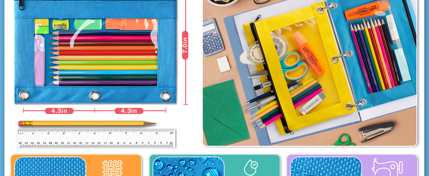Pencil Pouch for 3 Ring Binder, Pencil Pouches with Zipper & Clear Window - 6 Assorted Color