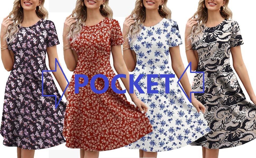 Women's Elegant Vintage Cotton Casual Floral Print Work Party A-Line Swing Dress with Pockets