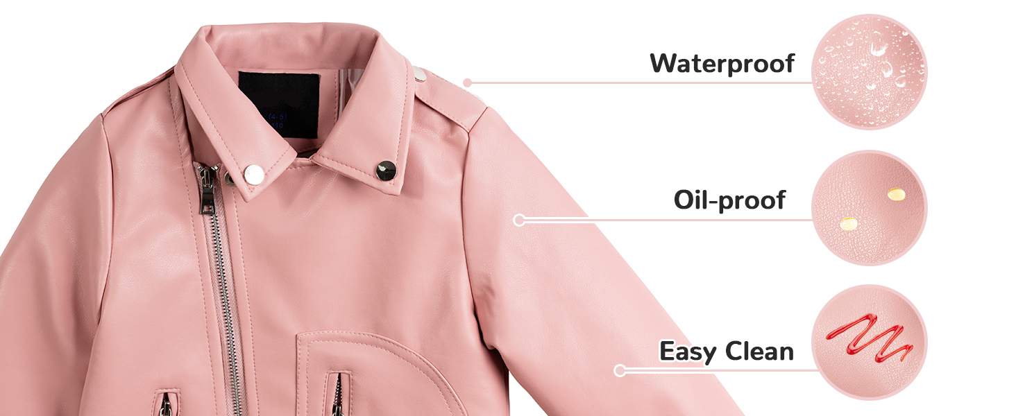Our kids Moto Jacket is made from faux leather material with a full lining for year-round wearing