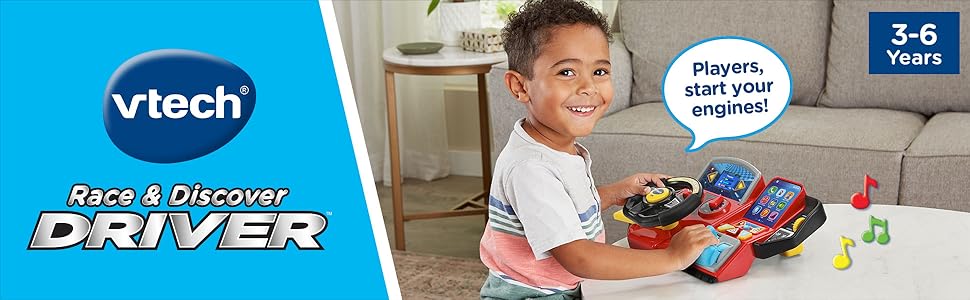 Kid pretends to drive with VTech Race & Discover Driver. Players, start your engines! 3-6 Years.