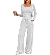 Trendy Queen 2 Piece Matching Summer Sweatsuit Lounge Set Womens Wide Leg Pants Side Ruching Crop...