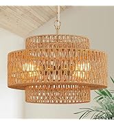 Widluth 23.6" Large Rattan Chandelier Light Fixture,6-Light Hand-Woven Boho Light Fixture, 3-Tier...