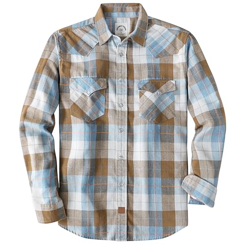 Dubinik® 6 oz Flannel Shirt for Men Western Cowboy Pearl Snap Long Sleeve Work Casual Buttons Vintage Plaid Shirts