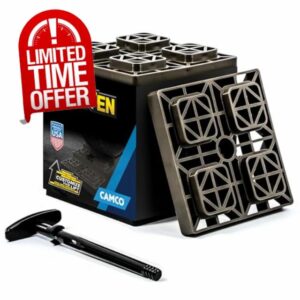 Camco Fasten RV Leveling Blocks - Features Interlocking Design for Customizable Height - Carrying Handle Twists to Secure Blocks for RV Storage - 8.5” x 8.5” x 1”