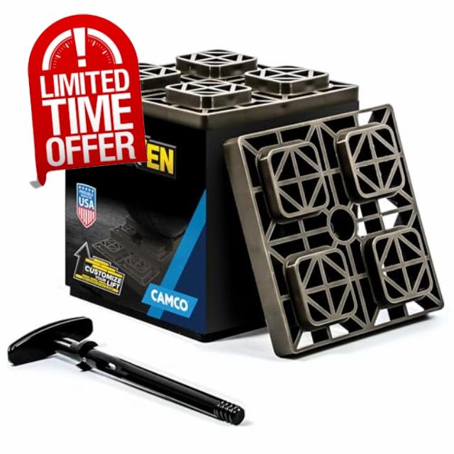 Camco Fasten RV Leveling Blocks - Features Interlocking Design for Customizable Height - Carrying Handle Twists to Secure Blocks for RV Storage - 8.5” x 8.5” x 1”