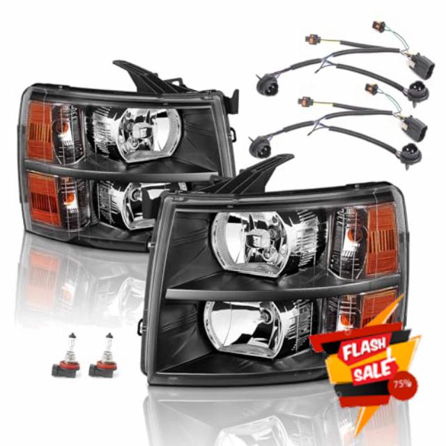 Headlights Assembly with Bulb & Wiring Harness compatible with 2007-2013 Chevy Silverado 1500 2500 3500 Headlamp