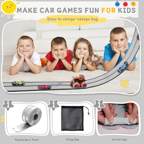 16 Ft Flex Race Car Ramp Track with Racing Cars Track Toys Compatible with Diecast 1/64th Hot Wheel Cars Rolls up Portable Car Ramp Toys for Boys and Girls Ages 3+ -