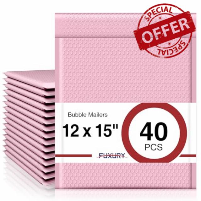 Fuxury 12x15 Bubble Mailers 40 Pack Light Pink Padded Envelopes Large Shipping Envelopes for Clothing