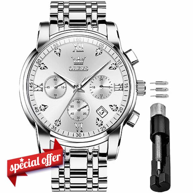 OLEVS Men's Waterproof Watches Stainless Steel Waterproof Chronograph Wrist Watches Luxury Dress White Luminous Big Face Analog Quartz Male Watches