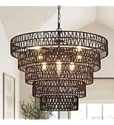 Widluth 39.4" Large Rattan Chandelier Light Fixture, 15-Light Boho light fixture, 7-Tier Hand-Wov...