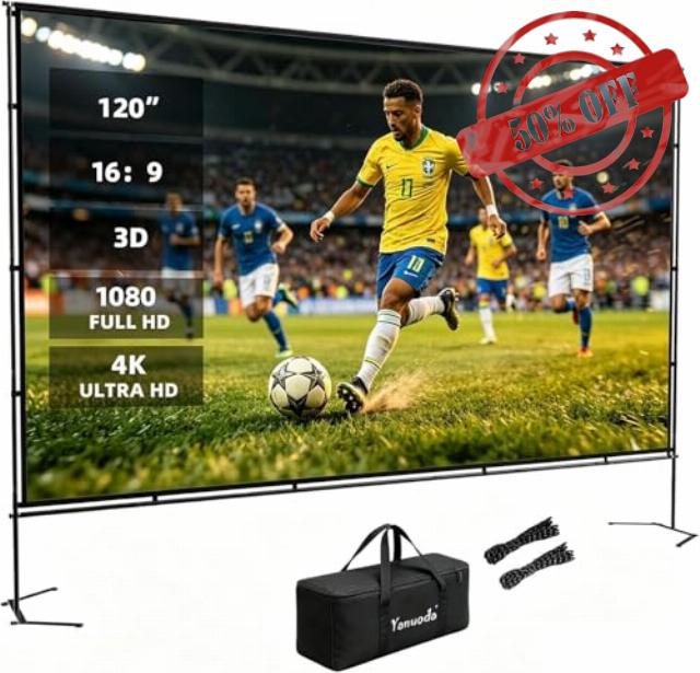 120 Inch Projector Screen with Stand - 4K HD 16:9 Portable Outdoor Movie Screen Reinforced Stable Frame Windproof & Wrinkle-Free with Carry Bag for Backyard