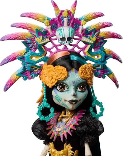 Aztec-Inspired Gown with Vibrant Accessories Like Headdress and Necklace