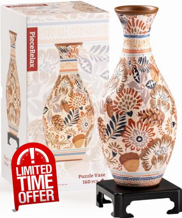 PieceRelax 3D Puzzle Vase for Adults to Flower Arrangement and Home Decoration Made By 160 Curved Plastic Puzzle Pieces - Autumn Abundance