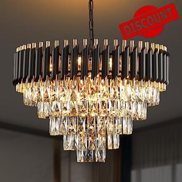 Gold Modern Crystal Chandelier 5-Tier Round Living Room Chandelier Light Fixture Black Large Crystal Chandeliers Pendant Ceiling Light Fixture for Dining Room Bedroom Entryway Staircase Foyer W24i