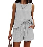 EXLURA Women's Summer 2 Piece Outfits Sleeveless Tank Top Matching Shorts Sets Cotton Striped Swe...