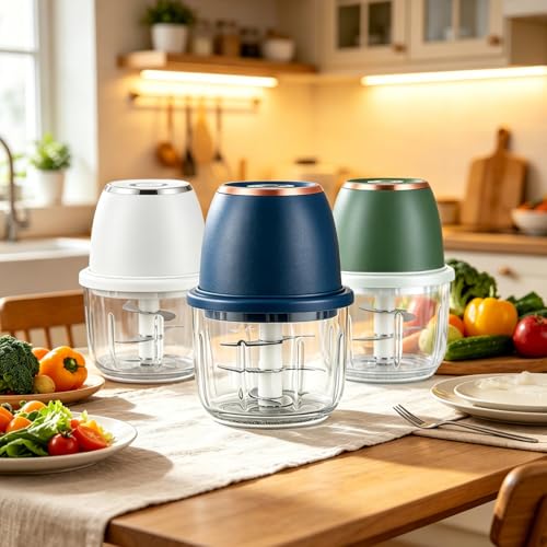Cordless USB Rechargeable Food Chopper with 6 Stainless Steel Blades & Thickened Glass for Garlic Ginger Nuts Meat (350ml-White)