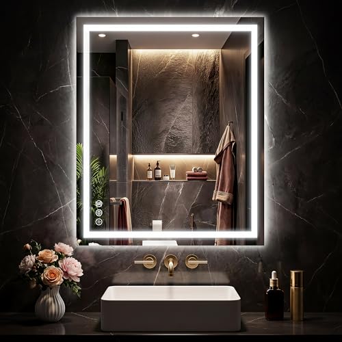 24"x32" with Frontlit and Backlit Anti-Fog Mirror with Lights LED Vanity Mirror for Bathroom 3 Colors Temperature & Dimmable Bathroom Mirror with HD Tempered Glass