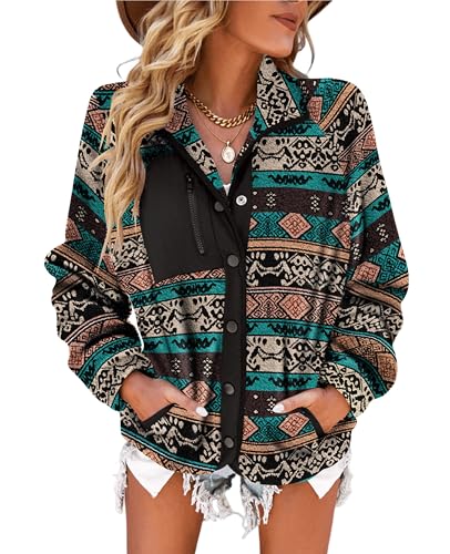 SELINK Womens Fleece Jacket Western Aztec Print Long Sleeve Snap Button Down Shacket Jackets with Pockets