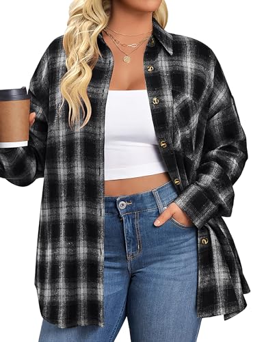 IN'VOLAND Womens Plus Size Flannel Plaid Shirts Long Sleeve Casual Collared Button Down Shirt Loose Blouse Top