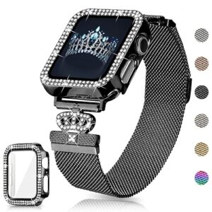 Magnetic Band Compatible with Apple Watch 38mm 40mm 41mm 42mm 44mm 45mm 46mm Stainless Steel Metal Strap with Bling Case and Built-in Screen Protector