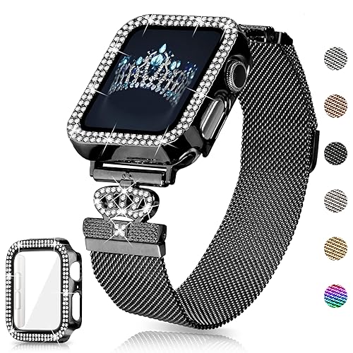 Magnetic Band Compatible with Apple Watch 38mm 40mm 41mm 42mm 44mm 45mm 46mm Stainless Steel Metal Strap with Bling Case and Built-in Screen Protector
