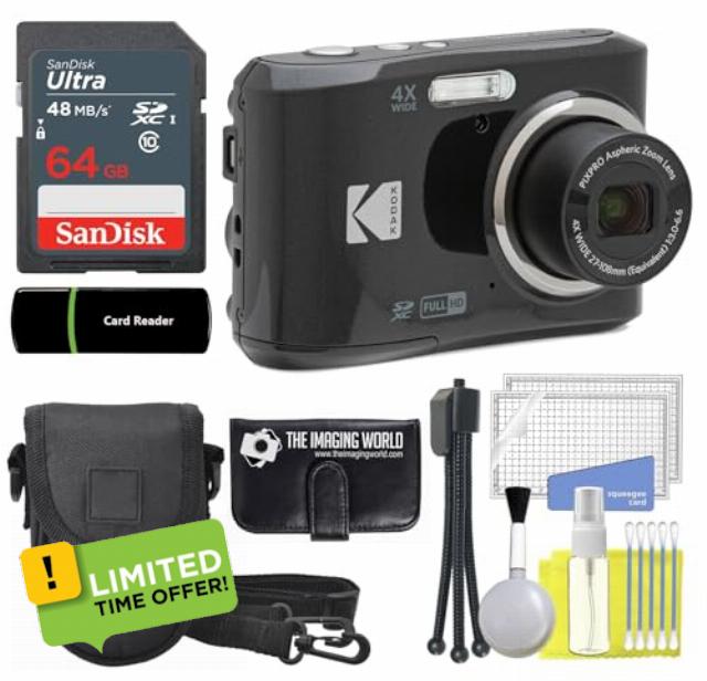 Kodak PIXPRO FZ45 16MP Digital Camera 4X Optical Zoom 27mm Wide Angle 1080P Full HD Video 2.7" LCD Camera (Black) + 64GB Card and Reader + Case + Memory Wallet + Tripod + Cleaning Bundle
