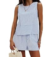 EXLURA Women's Summer 2 Piece Outfits Sleeveless Tank Top Matching Shorts Sets Cotton Striped Swe...
