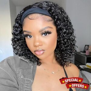 Headband Wig Human Hair Deep Wave Curly Headband Half Wigs Machine Made Glueless None Lace Front Wigs Brazilian Virgin Wig for Black Women Natural Color 150% Density 10Inch