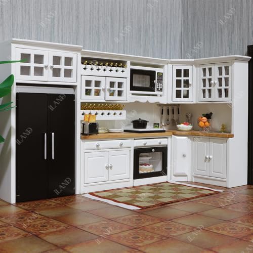 Complete Miniature Cabinets Oven Refrigerator with Cookware fit 1/12 Scale Accessories Mini Food