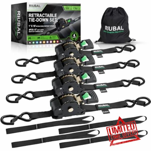 Retractable Ratchet Straps (4-Pack) - 1 Inch x 10 Feet (1
