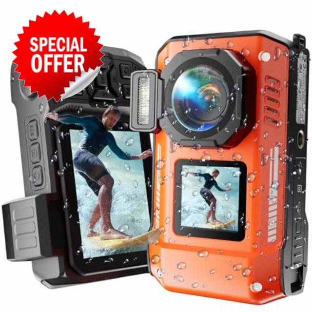 Maxmango D50 8K Underwater Digital Camera - 70MP 33FT Waterproof Camera with 64GB Card for Snorkeling 18X Floatable Dual-Screen Selfie 2500mAh Battery Point and Shoot (Orange)