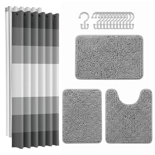 Stripes Modern Waterproof Shower Curtain Liner and Extra Soft Absorbent Non Slip Bath Mat for Bathroom Decor with Accessories Hooks