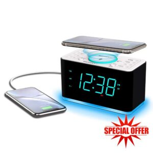Emerson ER100401 Smartset 15Watt Ultra Fast Wireless Charging Dual Alarm Clock Radio with Bluetooth Speaker