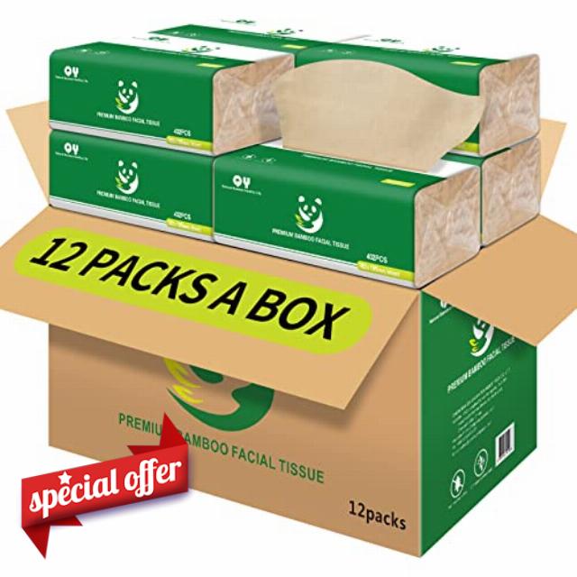 Soft Durable Bamboo Facial Tissues - 3 Ply Natural Unbleached Facial Paper Dry or Wet Use 12 Packs（134 Tissue per Pack
