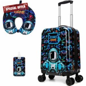 Kids Luggage Set Carry On Rolling Suitcase with U shaped Pillow Toddler Suitcase for Boys Travel Set Rocket Hardside Luggage with Spinner Wheels Airline Approved