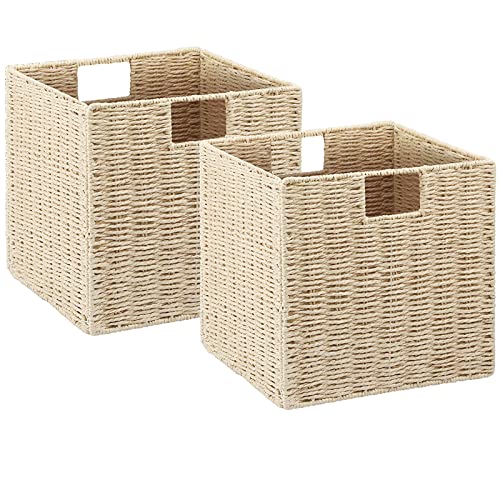 Set of 2 Hand-Woven Storage Baskets for Shelves with Handles