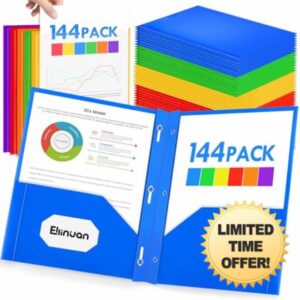 Ellinjan 144 Pack Plastic Folders with Pockets and Prongs